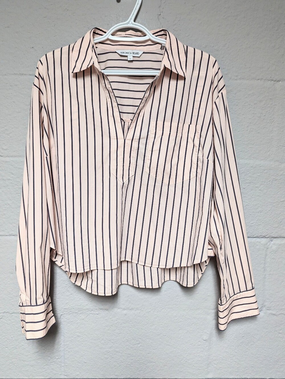Veronica Beard Popover Blouse Size 12 Pink Blue Stripe, Chest Pocket